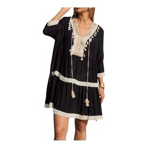Topteam Monchen Black Boho Fringe Hippie Relaxed Mini Women’s Swim CoverUp Dress